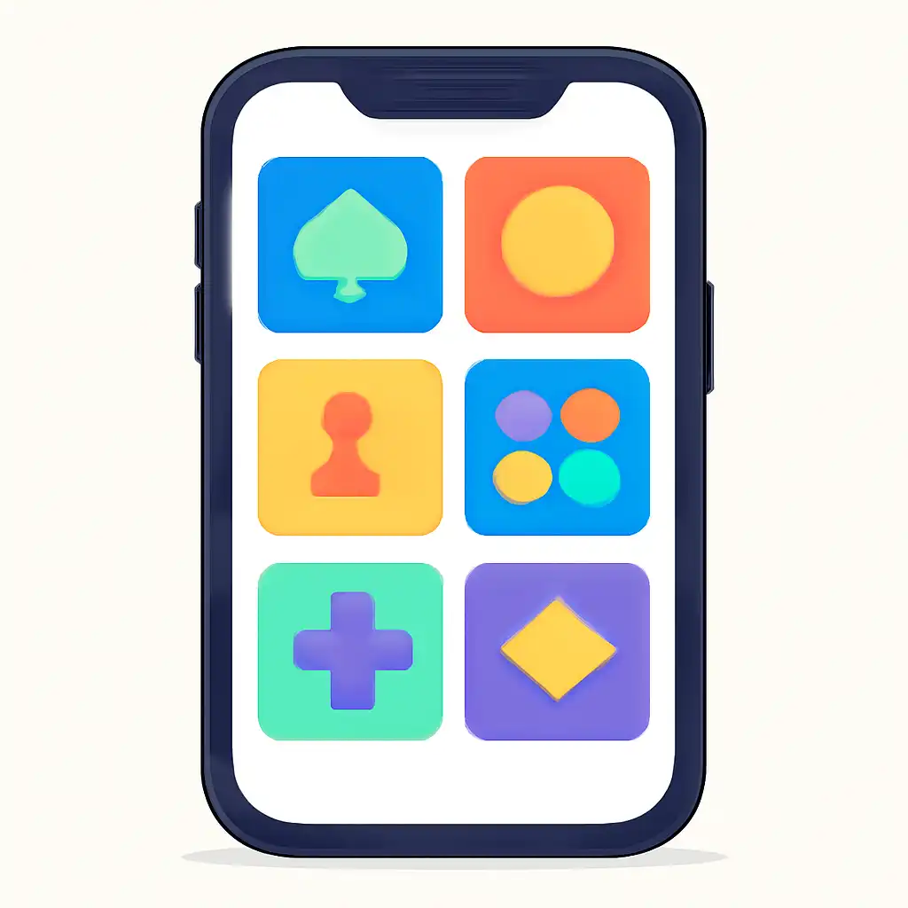 Smartphone shown from the front displaying a colourful flat layout of abstract game icons and rounded tiles (no text, no letters, no labels), Daman Club